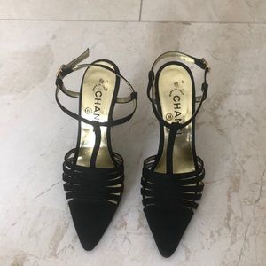Chanel classic strap rhinestone buckle heels